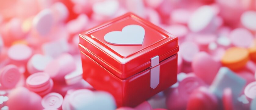 A vibrant red box with a heart symbol sits among colorful heart-shaped candies, evoking feelings of love and celebration.