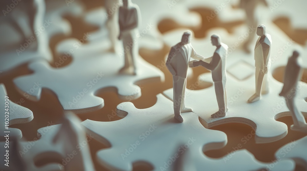 Aufkleber paper businessman figures in a 3d setting working on a large puzzle, representing unity and problem-