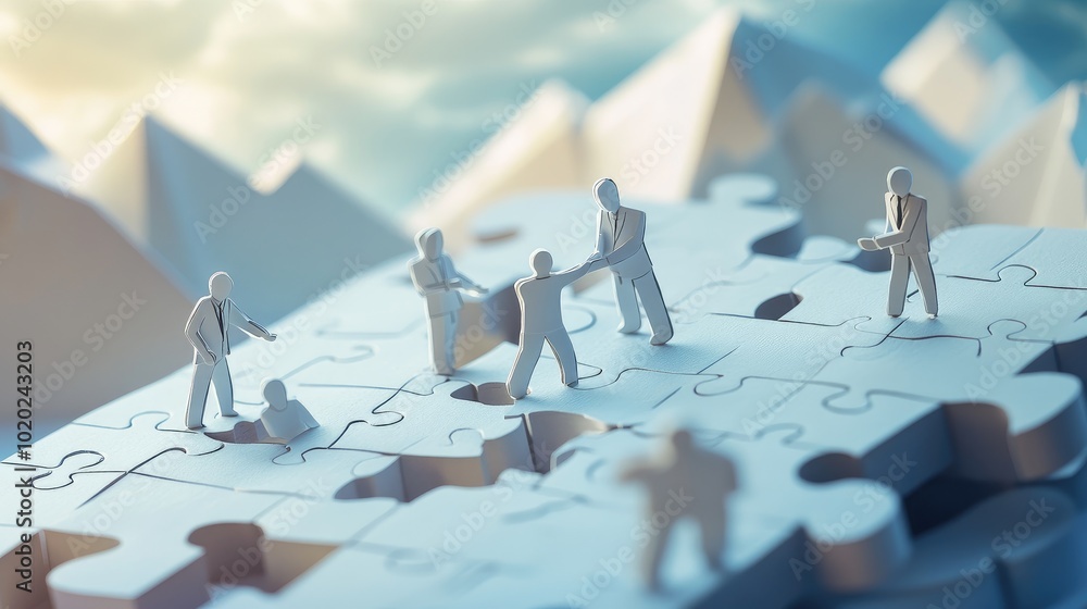 Aufkleber paper businessman figures in a 3d setting working on a large puzzle, representing unity and problem-