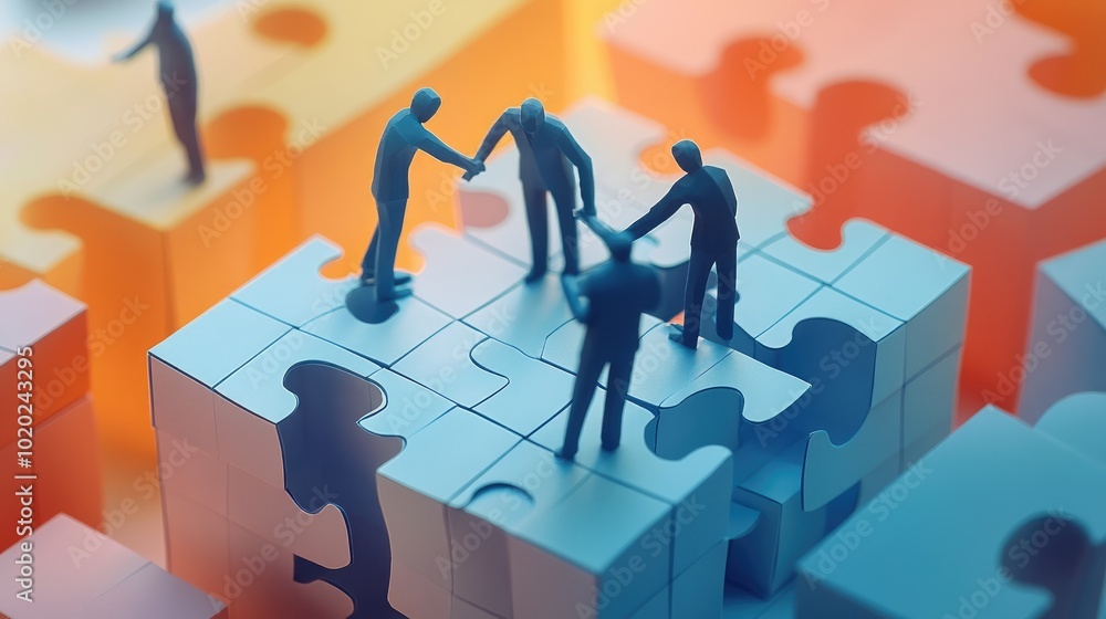 Aufkleber paper businessman figures in a 3d setting working on a large puzzle, representing unity and problem-