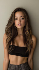 Young woman poses confidently in a stylish black top against a neutral background