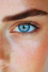 Obraz premium Close-up view of a female's blue eye showcasing freckles and natural beauty in soft lighting