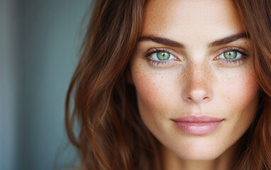 Obraz premium Close-up of a young woman with striking green eyes and natural makeup in soft lighting