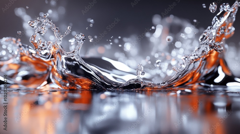 Poster close-up of a water splash with metallic reflections and bokeh