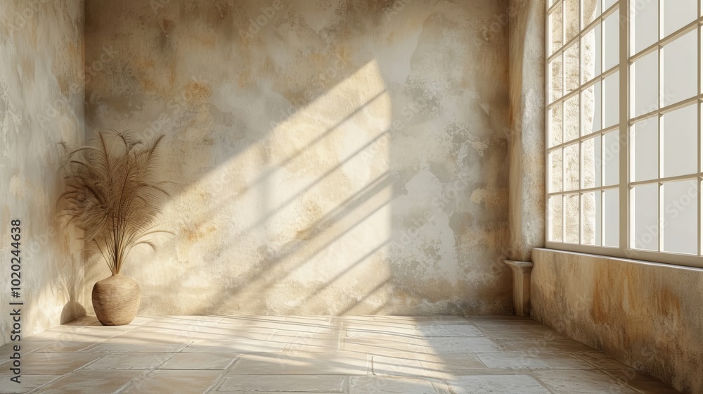Aufkleber A rustic room with textured walls, a large window allowing natural light to streams in, and a simple vase with a plant, creating a serene atmosphere.