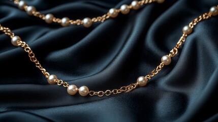 A Gold Chain Necklace with White Pearls on a Black Fabric Background