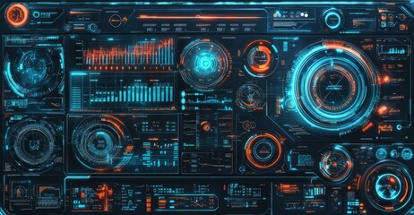 Futuristic Interface with Glowing Blue and Orange HUD Elements