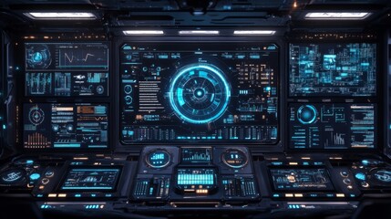 Obraz premium Futuristic Control Room with Illuminated Interface Panels