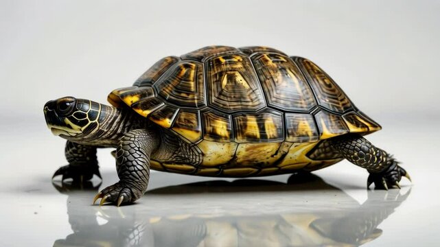 A close up of a turtle showcasing its detailed shell and natural behavior, highlighting themes of wildlife conservation and environmental awareness