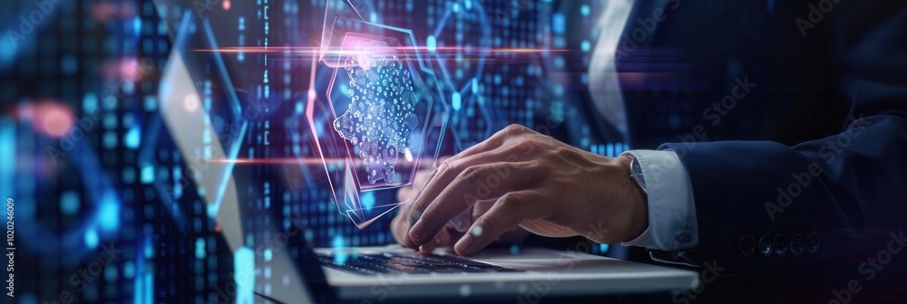 Poster a cybersecurity expert is actively securing data on a laptop while utilizing advanced technology in 
