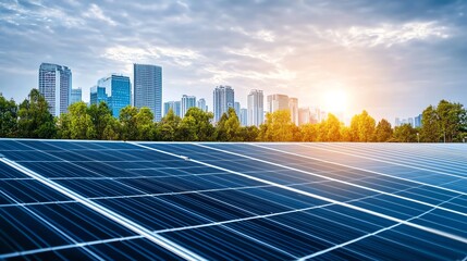 Solar panels with city skyline and sunset, showcasing renewable energy.
