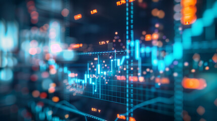 Fototapeta premium Close-up of digital screen showing downward-trending line graph, symbolizing rate cut in financial markets, economic adjustment concept.