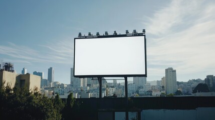 Obraz premium Urban billboard featuring a white screen, standing tall against a city backdrop, and plenty of copy space for ads.