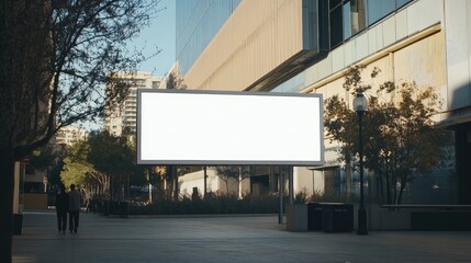 Fototapeta premium Urban environment featuring a blank white-screen billboard, set against modern architecture with ample copy space.