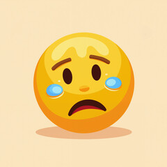 Fototapeta premium A simple, flat-style cartoon emoji depicting a yellow face with furrowed brows, downturned mouth, and tears flowing from the eyes, expressing sadness.