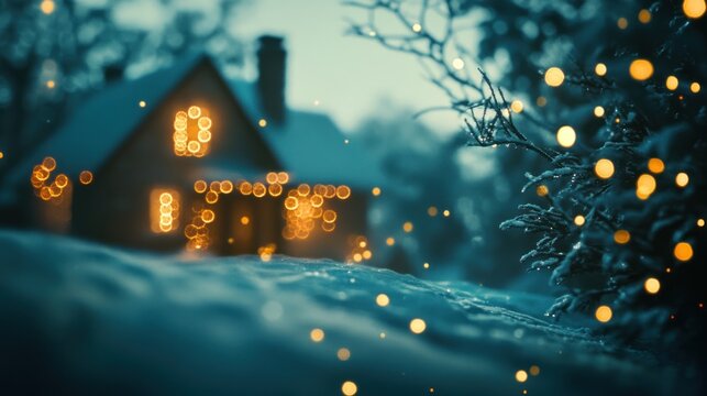 a cozy snow-covered cabin , glowing flares, blurred background, nostalgic feel