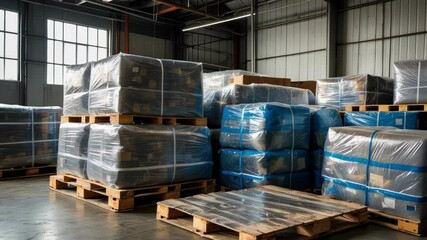 The frame depicts a well organized warehouse with stacked pallets, emphasizing industrial logistics and efficient storage techniques