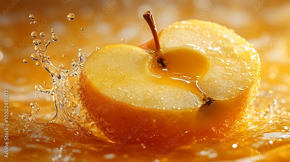 Poster a half apple splashing into apple juice creating a small wave of juice.