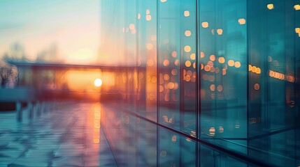 Abstract View of Cityscape through Glass Facade at Sunset