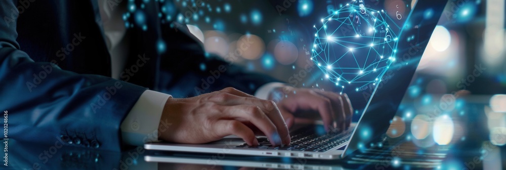 Poster a person is actively engaged in cyber security tasks on a laptop, focusing on data protection and ne