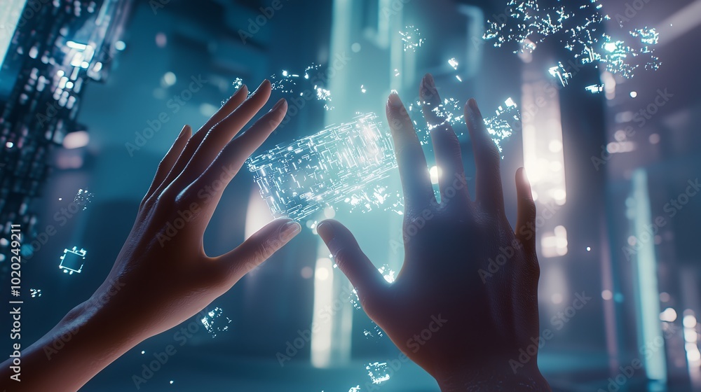 Poster hands interacting with virtual objects in futuristic space