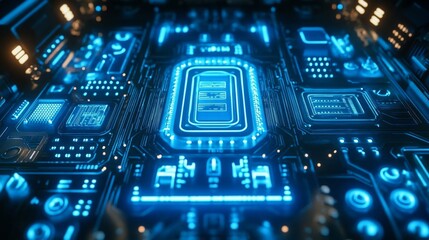 Fototapeta premium Futuristic Circuit Board with Glowing Blue Lines and Components