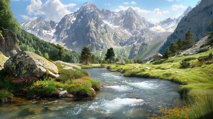 Naklejka premium Serene Mountain Stream Flowing Through a Lush Valley