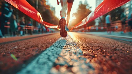 Runner Crossing Finish Line with Red Tape and Blurred Spectators