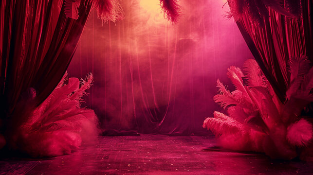 Luxurious stage with red feather decor and misty atmosphere