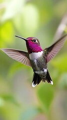 Obraz premium A vibrant hummingbird in mid-flight, showcasing its colorful plumage against a blurred background.