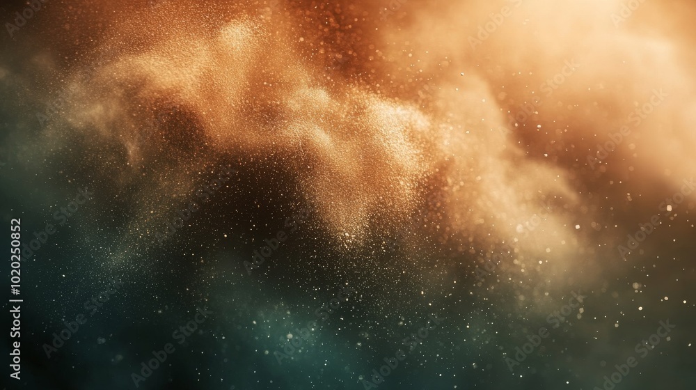 Poster abstract background with golden dust particles and soft fog
