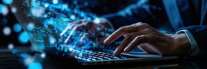 A cyber security professional actively engages with data protection techniques using advanced technology on a laptop. Generative AI