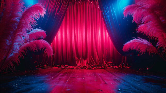 Dramatic burlesque stage with red curtains, feathers, and vibrant lighting