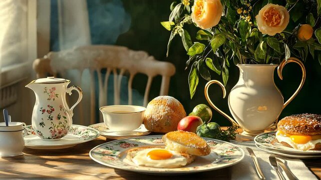 A breakfast table is set with a fried egg sandwich, tea, and fresh flowers