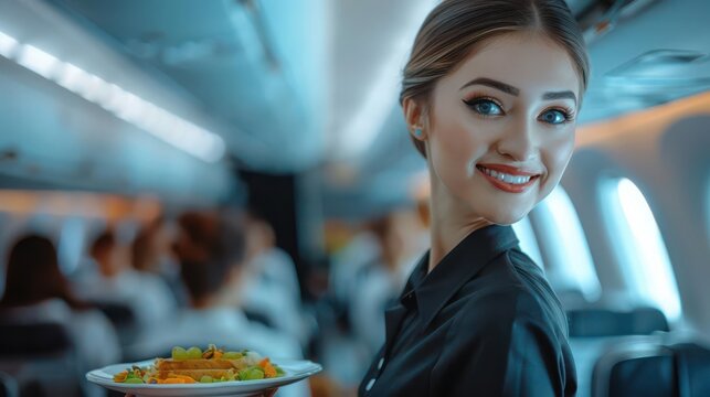 Realistic flight attendant assisting a passenger with a special meal request high-definition clarity