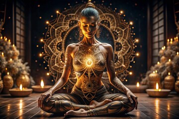 Obraz premium The concept of esoteric spiritual meditation, a woman in the lotus position. Human meditation, spirituality and chakra activation, mystical spirit.