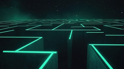 Creepy Giant Metal Maze with Neon Lights Floating in Space, Captured in a Retro 3D Render Style, Creating an Eerie and Isolated Atmosphere