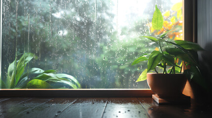 A plant in a terracotta pot sits on a wooden windowsill, with raindrops on the glass, and a blurry view of green trees outside.