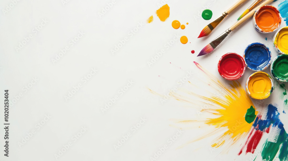 Poster vibrant colors and paintbrushes are arranged on blank canvas, showcasing creativity and artistic exp