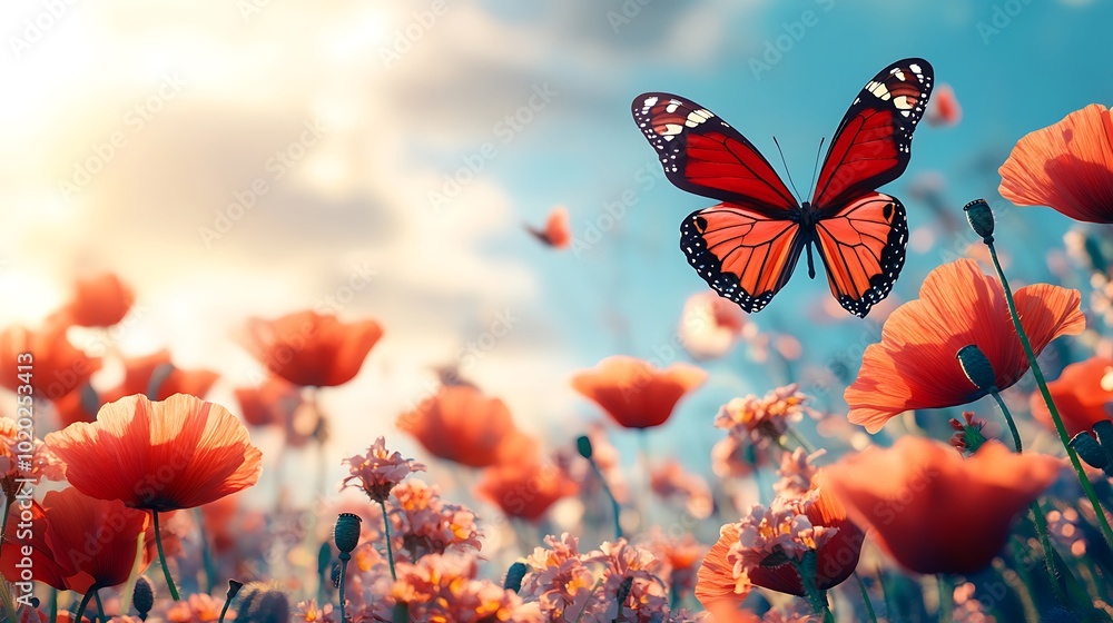 Poster a single butterfly flies over a field of red poppies with the sun setting in the background.