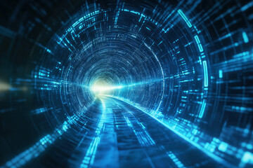 Obraz premium abstract futuristic digital tunnel, glowing blue lines, data streaming, technology, holographic motion, photorealistic