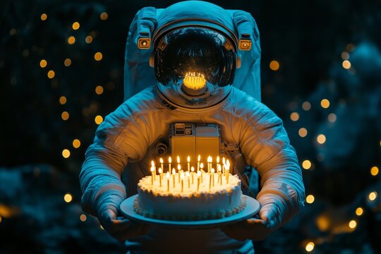 An astronaut holding a birthday cake with glowing candles, standing in a dark, starry environment
