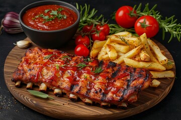 Savory texas style bbq ribs grilled to perfection on a rustic wooden tray   close up view
