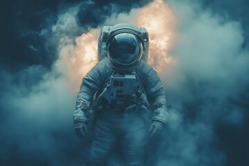 An astronaut standing in a cloud of thick smoke, the suit glowing against the dark background