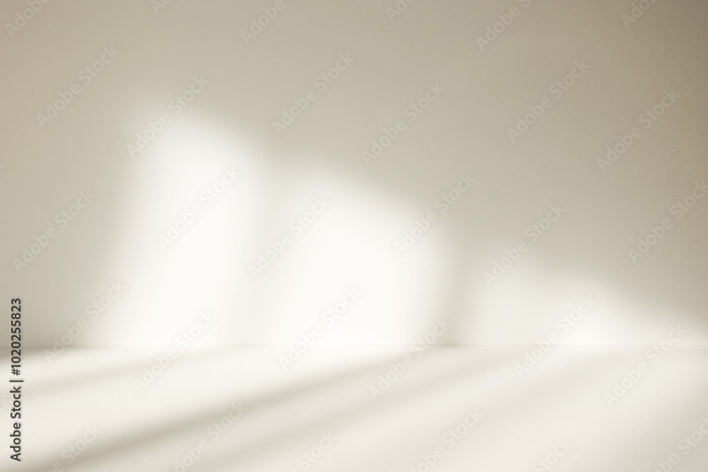 Aufkleber Abstract white studio background with shadows of window. Empty beige 3d room. Display product with blurred backdrop.