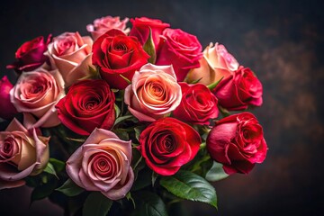 bouquet of red pink white roses leaves dark background Close-Up