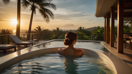 Luxurious Resort Whirlpool on Private Balcony Overlooking Tropical Paradise at Sunset with Palm Trees Swaying - Generated by AI