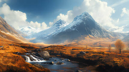 Naklejka premium A scenic view of snow-capped mountains overlooking a rushing stream flowing through an autumnal valley.