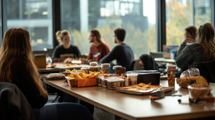 group of people enjoying casual Friday gathering with snacks and drinks in modern office setting. atmosphere is relaxed and social, perfect for team bonding