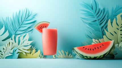 Scandinavian inspired flat lay showcasing a refreshing watermelon smoothie in a glass placed on a white table with ample copy space Ideal for summer fruit themes in blogs or recipe books